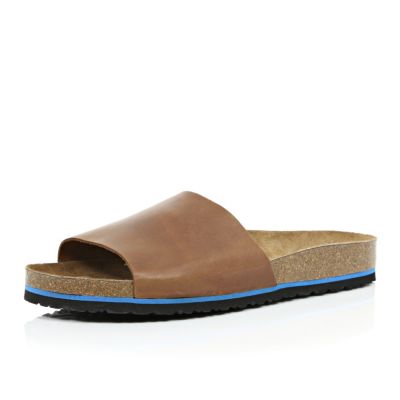 Brown leather slide sandals